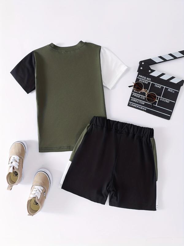 Boys Casual Block T-shirt & Shorts Set For Summer Holiday Party Kids Clothes