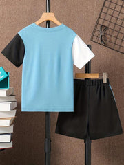 Boys Casual Block T-shirt & Shorts Set For Summer Holiday Party Kids Clothes