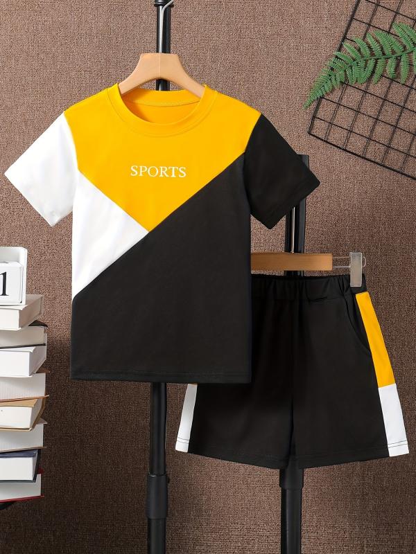 Boys Casual Block T-shirt & Shorts Set For Summer Holiday Party Kids Clothes