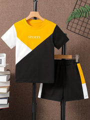 Boys Casual Block T-shirt & Shorts Set For Summer Holiday Party Kids Clothes