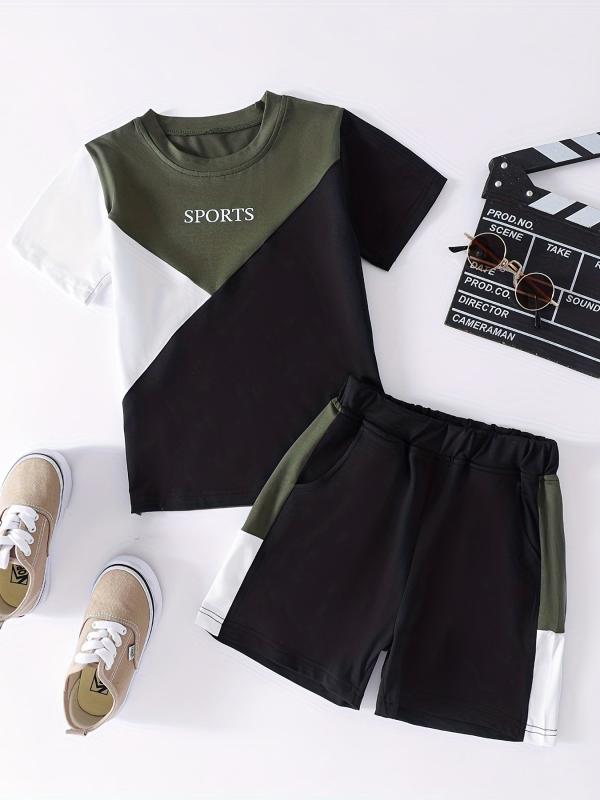 Boys Casual Block T-shirt & Shorts Set For Summer Holiday Party Kids Clothes