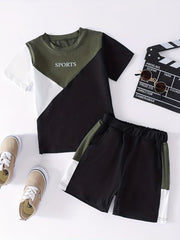 Boys Casual Block T-shirt & Shorts Set For Summer Holiday Party Kids Clothes