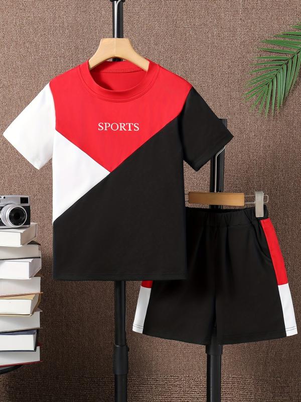 Boys Casual Block T-shirt & Shorts Set For Summer Holiday Party Kids Clothes