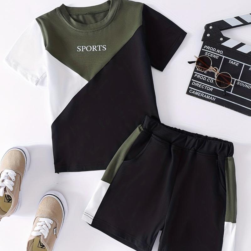 Boys Casual Block T-shirt & Shorts Set For Summer Holiday Party Kids Clothes