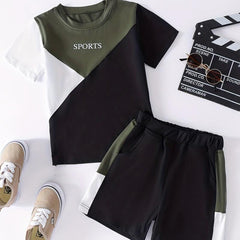 Boys Casual Block T-shirt & Shorts Set For Summer Holiday Party Kids Clothes