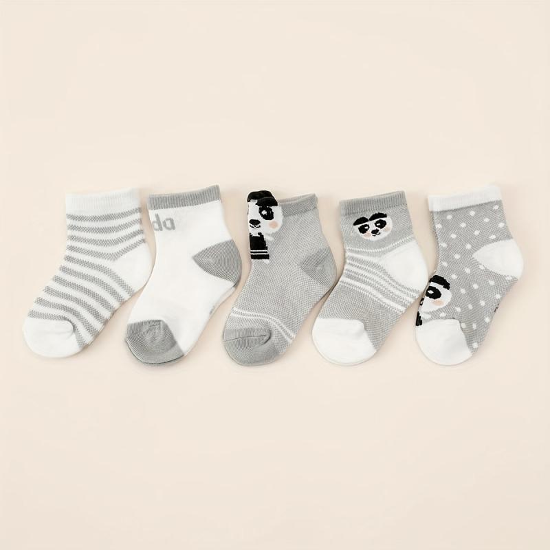5pairs Baby Boys Socks Cartoon Panda Animal Grey Mesh Cotton Crew Socks