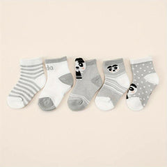 5pairs Baby Boys Socks Cartoon Panda Animal Grey Mesh Cotton Crew Socks
