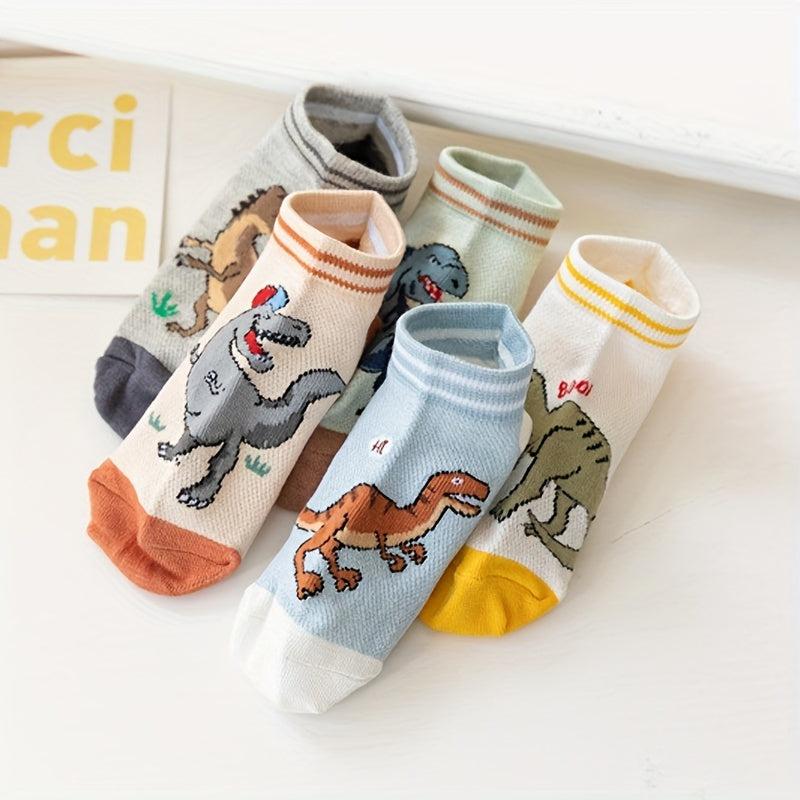 5 pairs Boys Dinosaur Print Cotton Short Crew Socks for Kids