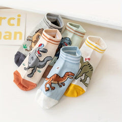 5 pairs Boys Dinosaur Print Cotton Short Crew Socks for Kids