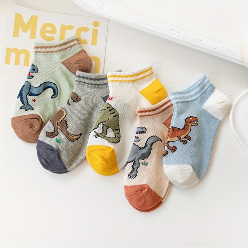 5 pairs Boys Dinosaur Print Cotton Short Crew Socks for Kids