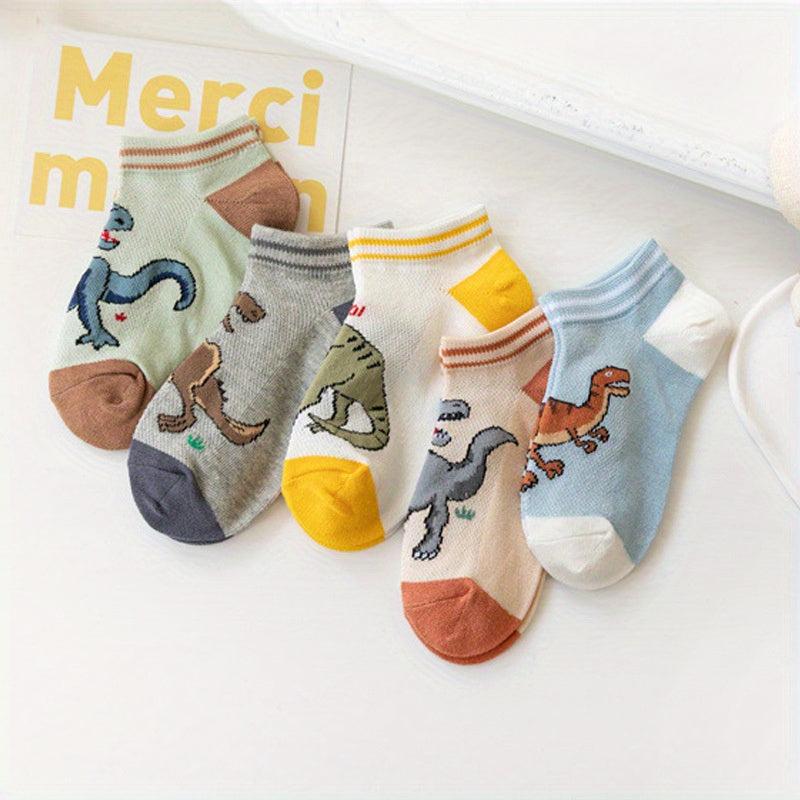 5 pairs Boys Dinosaur Print Cotton Short Crew Socks for Kids