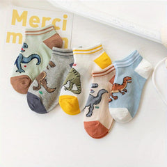 5 pairs Boys Dinosaur Print Cotton Short Crew Socks for Kids