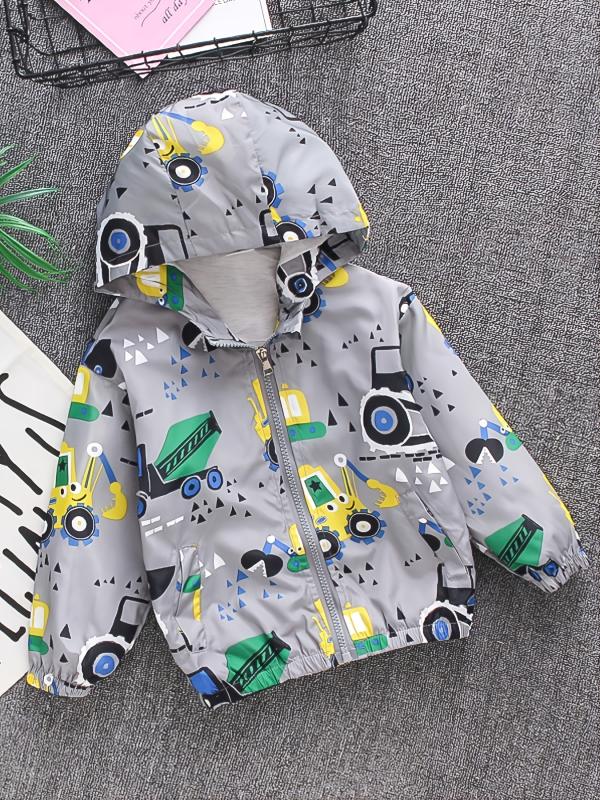 Children's Gray Excavator Print Zipper Coat Hoodie