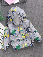Children's Gray Excavator Print Zipper Coat Hoodie