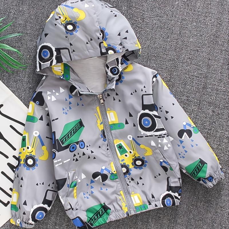Children's Gray Excavator Print Zipper Coat Hoodie