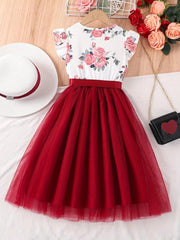 Girls Casual Floral Tulle Princess Dress for Party Beach Vacation