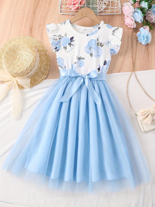 Girls Casual Floral Tulle Princess Dress for Party Beach Vacation