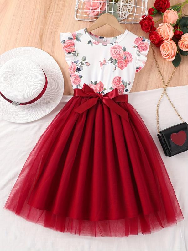 Girls Casual Floral Tulle Princess Dress for Party Beach Vacation