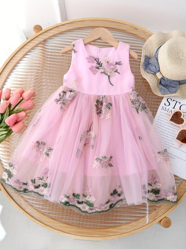 Embroidery Flower Lace Gauze Dress for Girls Kids