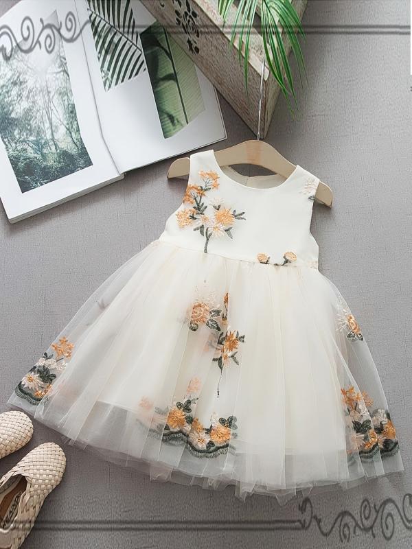 Embroidery Flower Lace Gauze Dress for Girls Kids