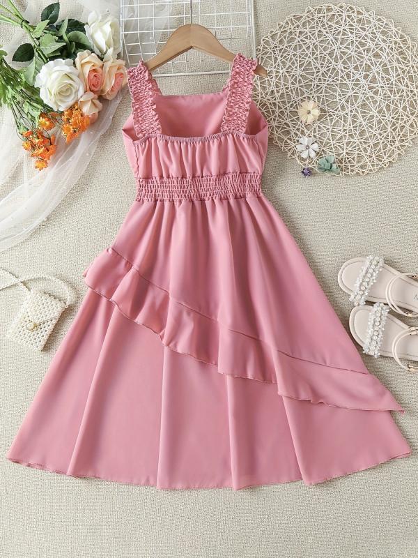 Girls Shirred Waist Ruffle Trim Cami Dress for Party Beach Vacation