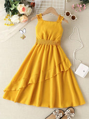 Girls Shirred Waist Ruffle Trim Cami Dress for Party Beach Vacation
