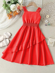 Girls Shirred Waist Ruffle Trim Cami Dress for Party Beach Vacation