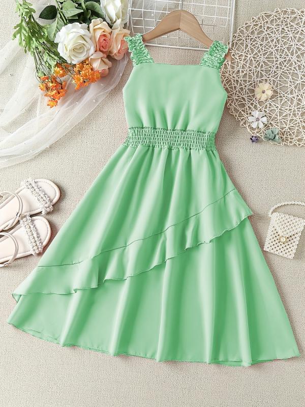 Girls Shirred Waist Ruffle Trim Cami Dress for Party Beach Vacation