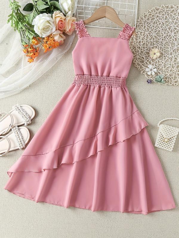 Girls Shirred Waist Ruffle Trim Cami Dress for Party Beach Vacation
