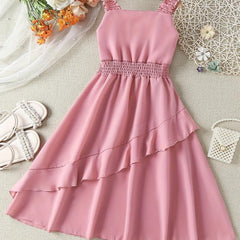 Girls Shirred Waist Ruffle Trim Cami Dress for Party Beach Vacation