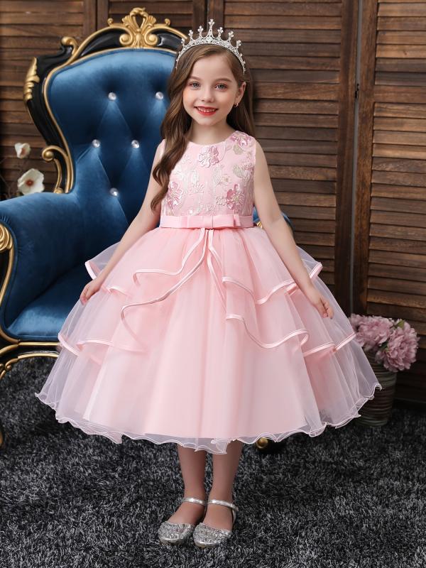 Girls Princess Dress Flower Embroidery Tutu Dress Performance Dress