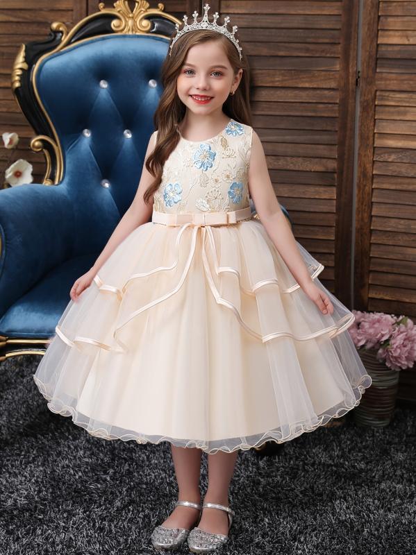 Girls Princess Dress Flower Embroidery Tutu Dress Performance Dress