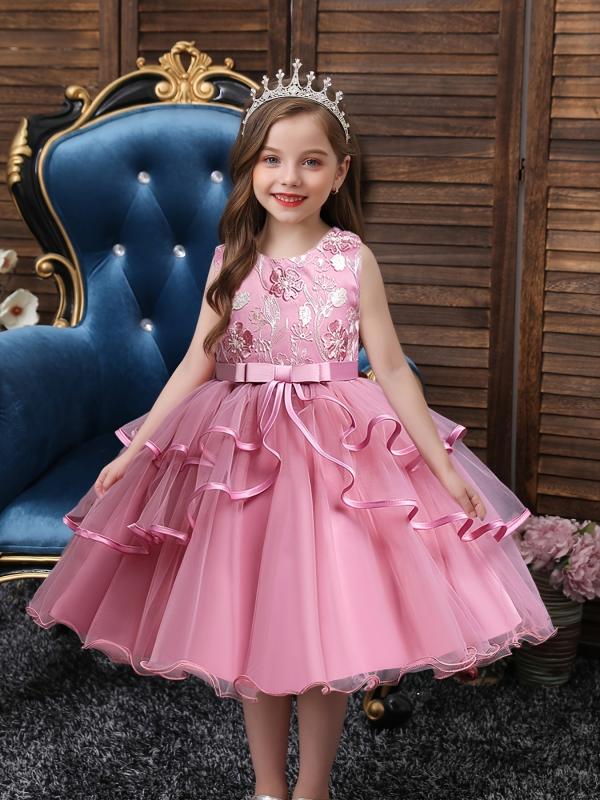 Girls Princess Dress Flower Embroidery Tutu Dress Performance Dress