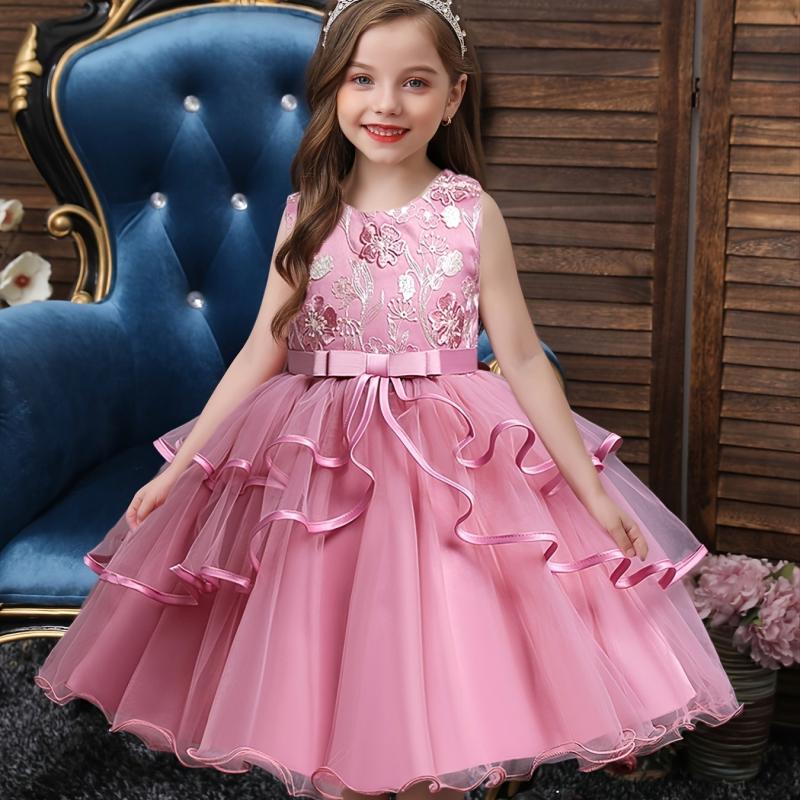 Girls Princess Dress Flower Embroidery Tutu Dress Performance Dress