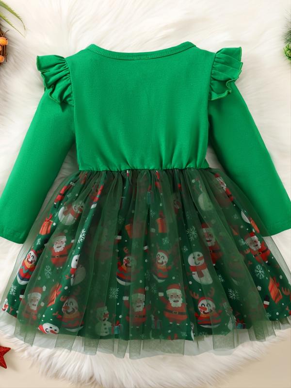 Baby Girls Mesh Dress Christmas Letter Snowman Print Long Sleeve