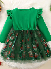 Baby Girls Mesh Dress Christmas Letter Snowman Print Long Sleeve