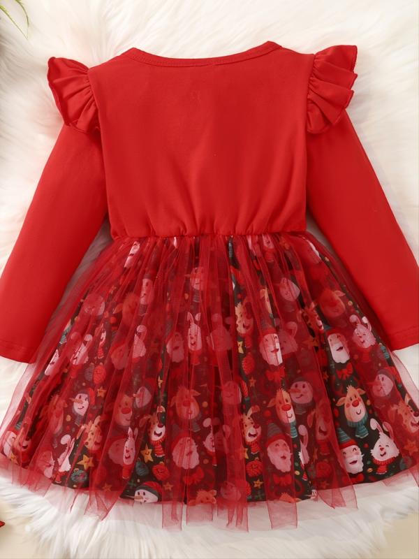 Baby Girls Mesh Dress Christmas Letter Snowman Print Long Sleeve