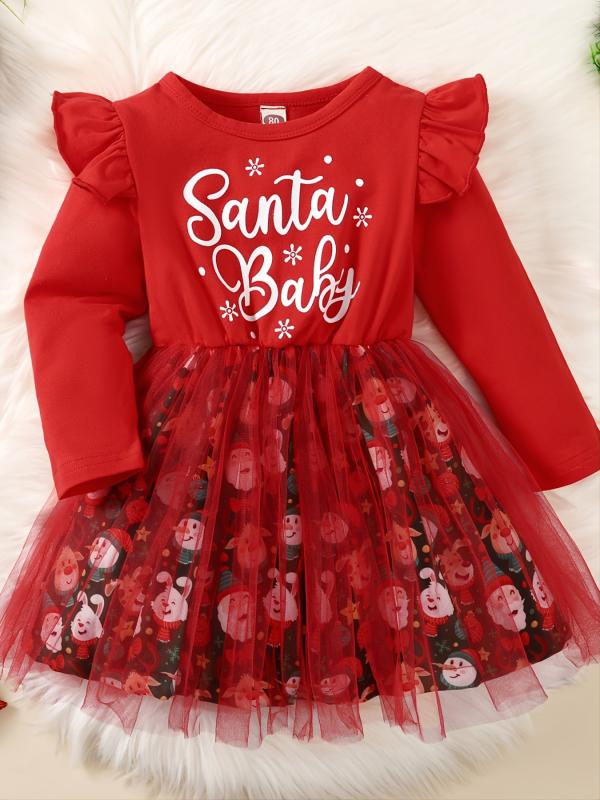 Baby Girls Mesh Dress Christmas Letter Snowman Print Long Sleeve