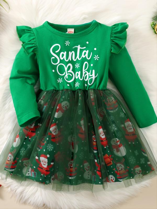 Baby Girls Mesh Dress Christmas Letter Snowman Print Long Sleeve