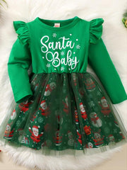 Baby Girls Mesh Dress Christmas Letter Snowman Print Long Sleeve