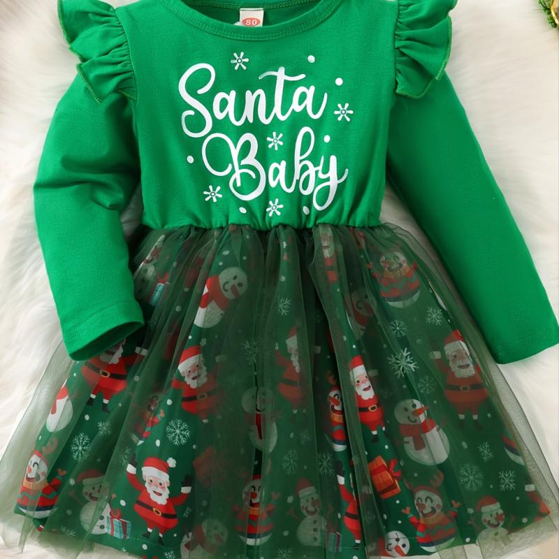 Baby Girls Mesh Dress Christmas Letter Snowman Print Long Sleeve