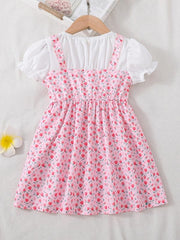 Toddler Girls Floral Dress Suit Short Sleeve A line Dress Pretty Heart Bag Set