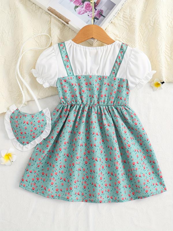 Toddler Girls Floral Dress Suit Short Sleeve A line Dress Pretty Heart Bag Set