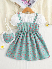Toddler Girls Floral Dress Suit Short Sleeve A line Dress Pretty Heart Bag Set