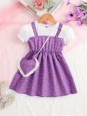 Toddler Girls Floral Dress Suit Short Sleeve A line Dress Pretty Heart Bag Set