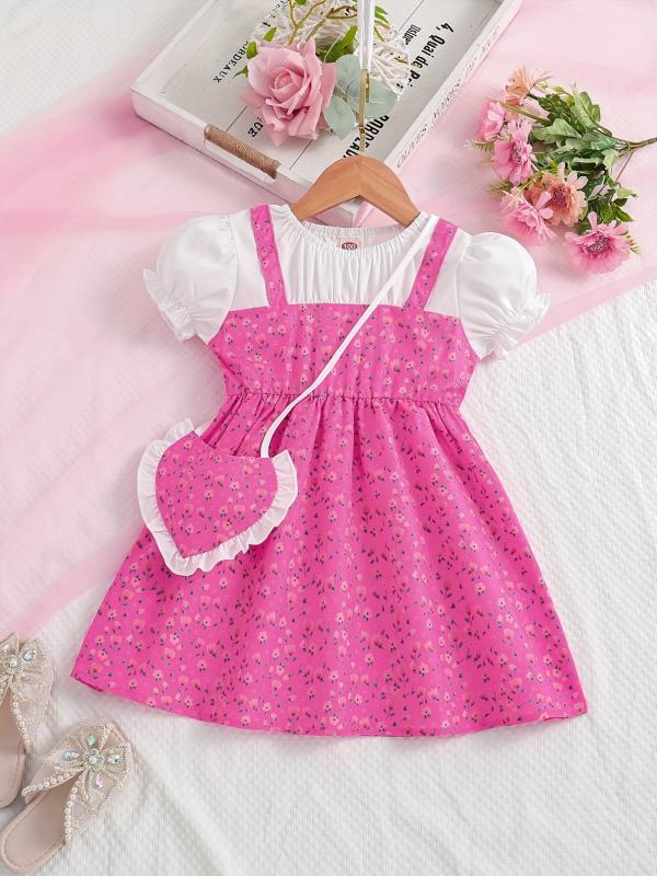 Toddler Girls Floral Dress Suit Short Sleeve A line Dress Pretty Heart Bag Set