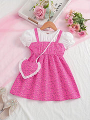Toddler Girls Floral Dress Suit Short Sleeve A line Dress Pretty Heart Bag Set