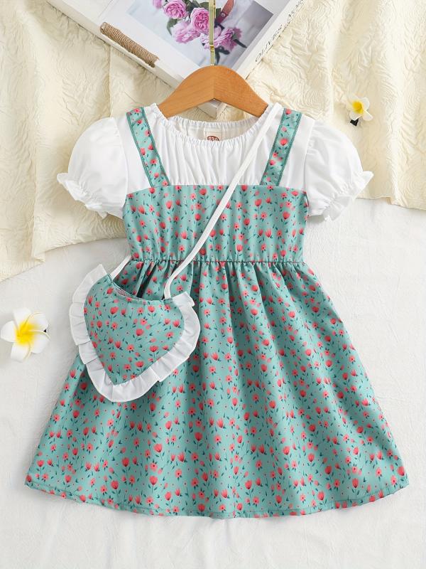 Toddler Girls Floral Dress Suit Short Sleeve A line Dress Pretty Heart Bag Set