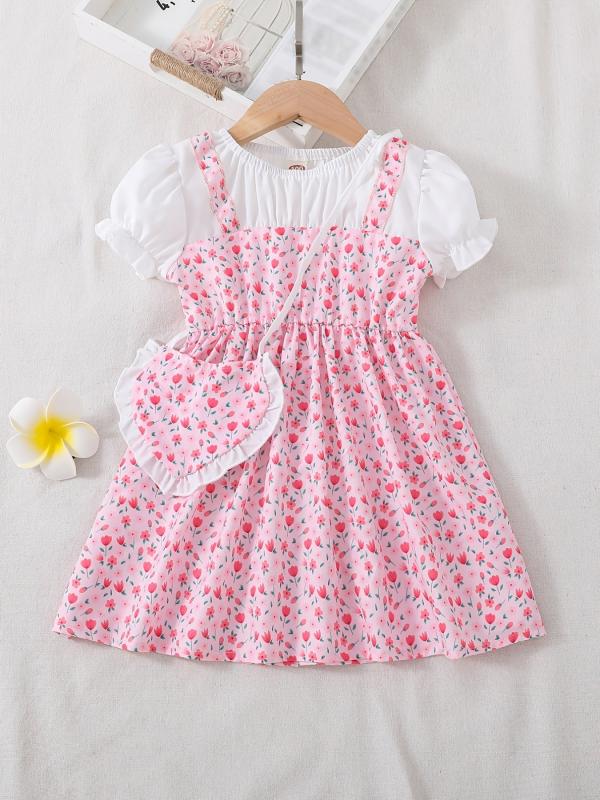 Toddler Girls Floral Dress Suit Short Sleeve A line Dress Pretty Heart Bag Set
