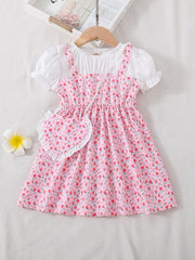Toddler Girls Floral Dress Suit Short Sleeve A line Dress Pretty Heart Bag Set